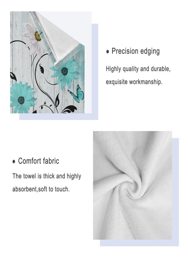 AIYOOLER Teal Aqua White Daisy Flower Bath Towels Set,3 Piece Soft Rustic Butterfly Wooden Towel Set,1 Bath Towel 1 Hand Towel 1 Washcloth,Absorbent Decorative Guest Bathroom Towels for Kitchen Shower - Image 3